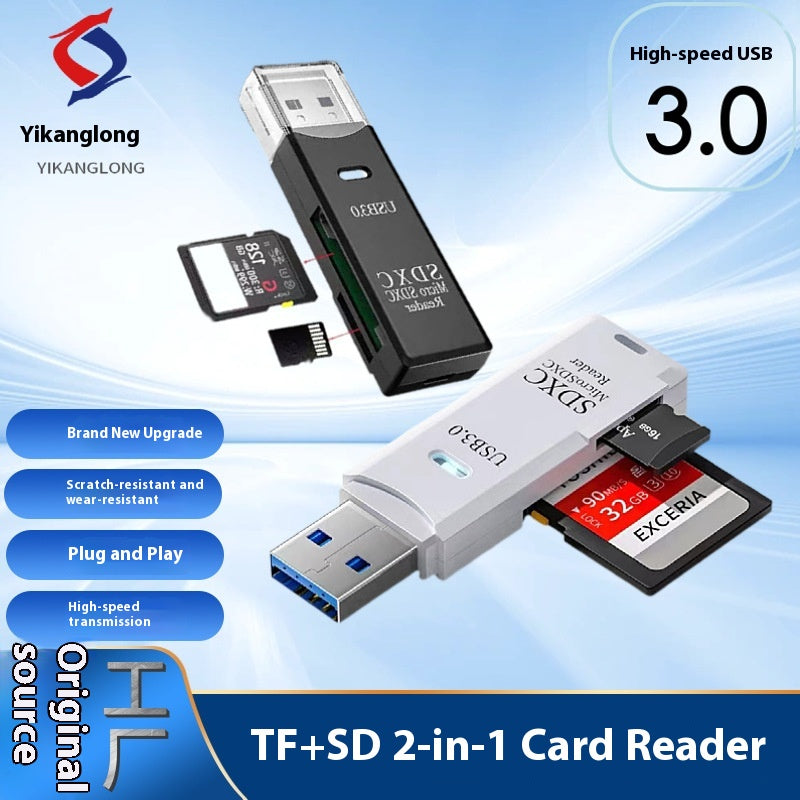 Multifunctional 2-in-1 High-Speed USB 3.0 Card Reader Supports TF + SD for Computer, Tablet, Camera, Laptop, and Car Use