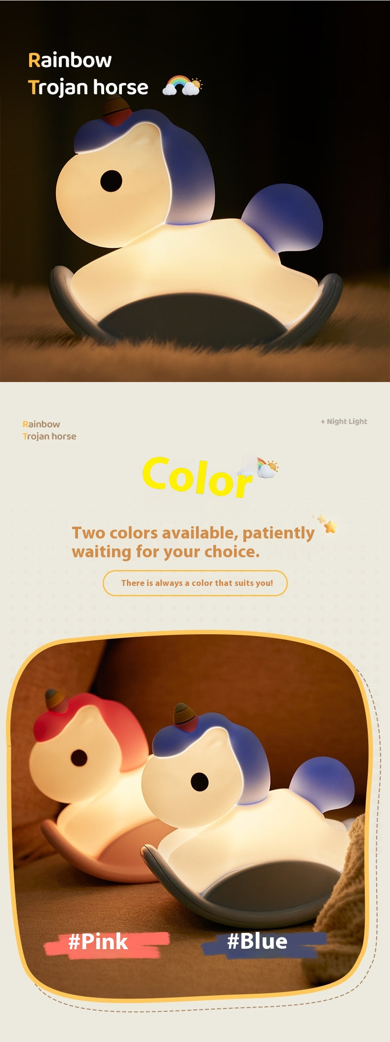 Unicorn Wooden Horse Lamp USB Three-level brightness adjustment