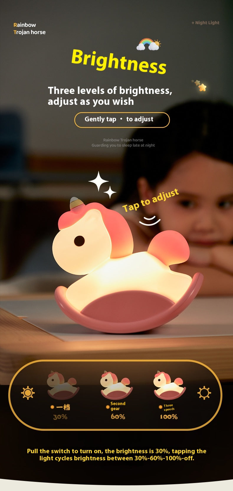 Unicorn Wooden Horse Lamp USB Three-level brightness adjustment