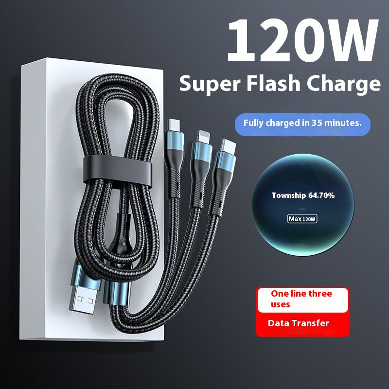 120W Charging Cable Braided Data Cable Three-in-One Tpyec Super Fast Charge Car One Drag Three Huawei General