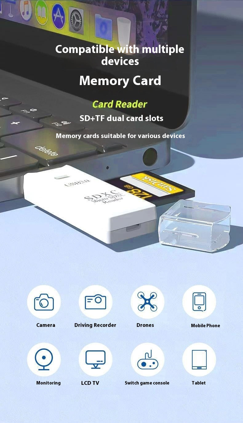 Multifunctional 2-in-1 High-Speed USB 3.0 Card Reader Supports TF + SD for Computer, Tablet, Camera, Laptop, and Car Use