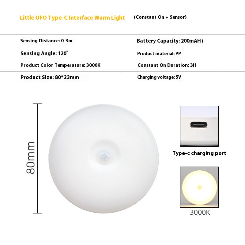 In Stock Round Human Body Sensor Light Small UFO Type C Magnetic Charging Night Light New Model Staircase Smart Cabinet Light