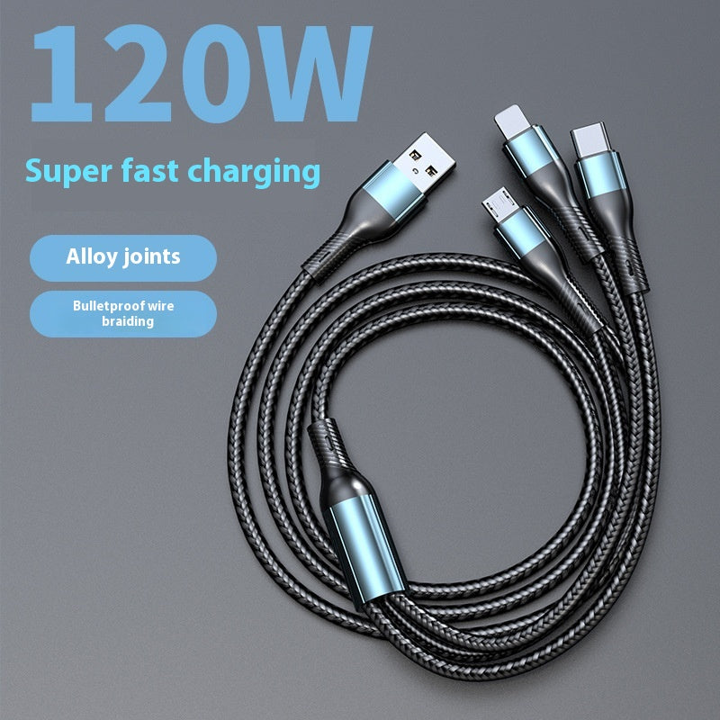 120W Charging Cable Braided Data Cable Three-in-One Tpyec Super Fast Charge Car One Drag Three Huawei General