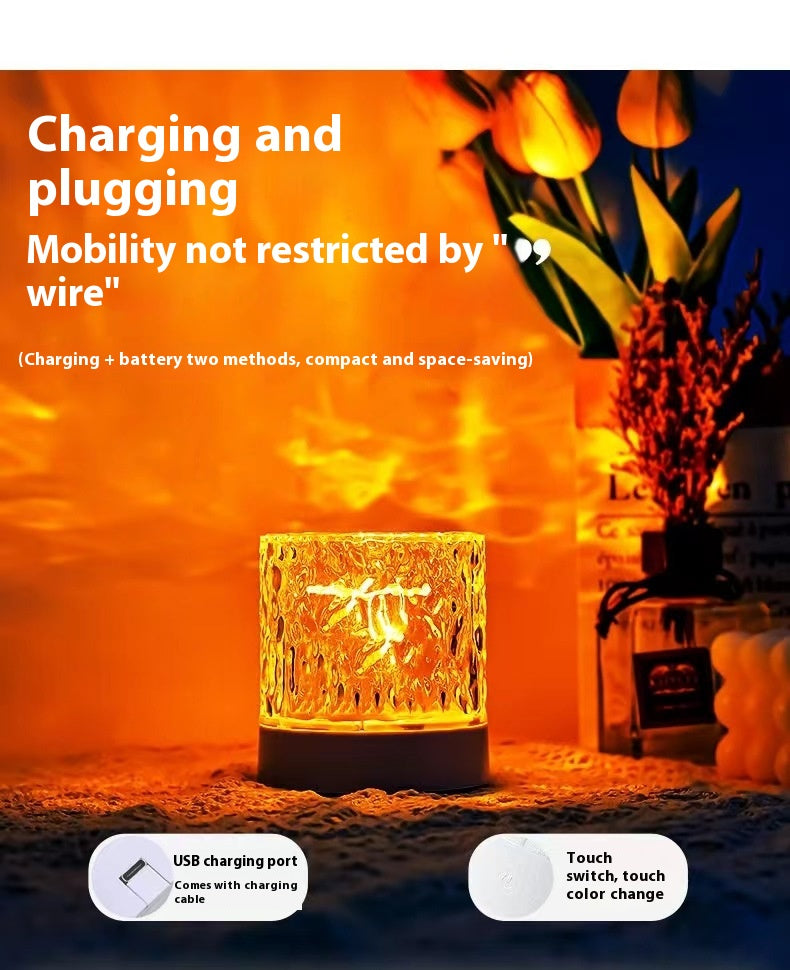 Night Light Table Lamp Night Light Rotating Water Ripple Atmosphere Light Water Pattern Lamp Bedroom Bedside Flame Romantic Lamp