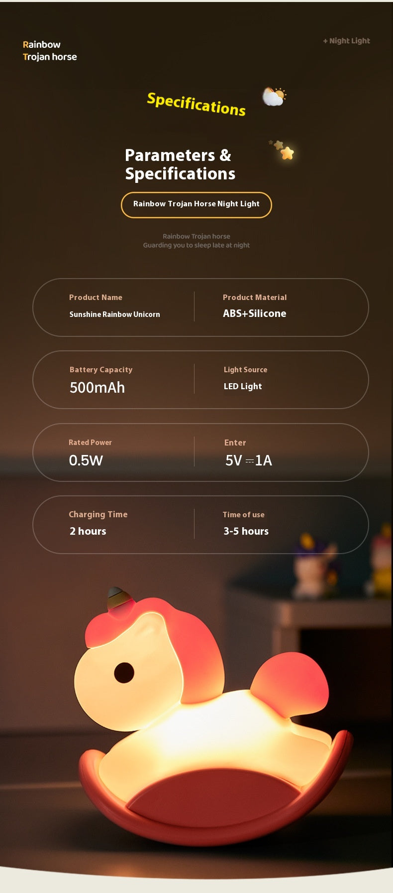 Unicorn Wooden Horse Lamp USB Three-level brightness adjustment